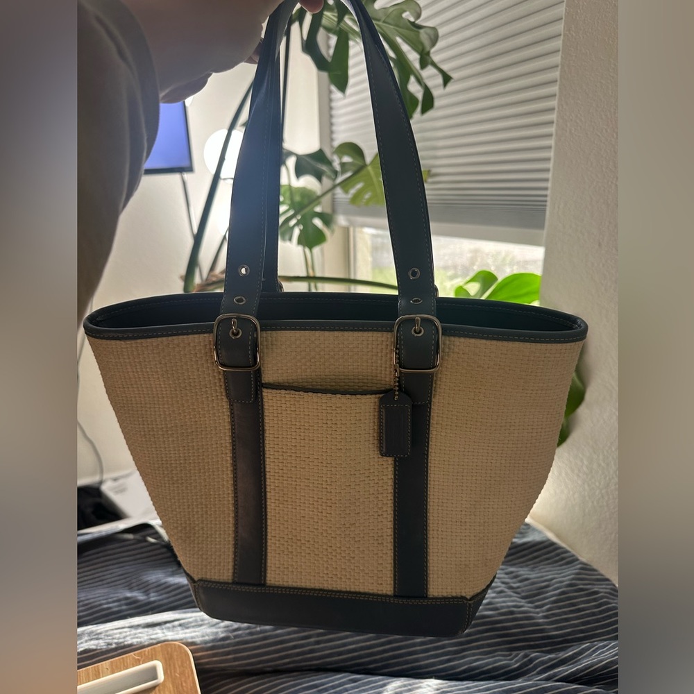 Vintage Coach Bag, Blue Handles & Woven Material